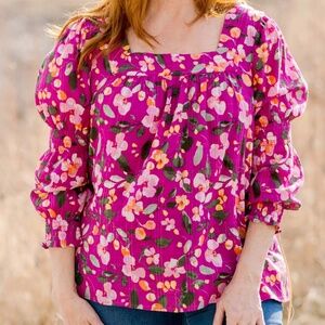 The Pioneer Woman Floral Square Neck Peasant Top Womens 1X Smocking Sleeves Boho